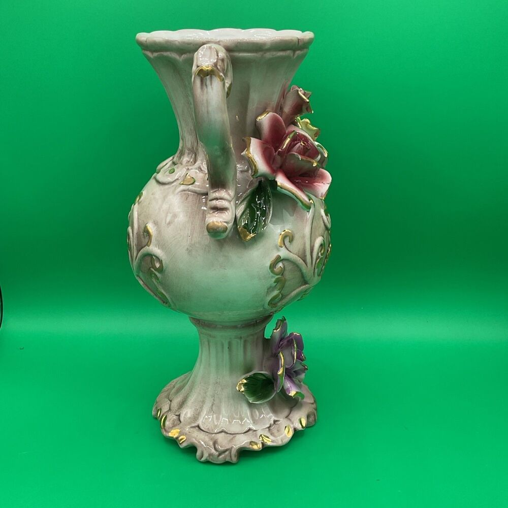 Vintage Porcelain Capodimonie Italian Floral Vase With Three Roses Two Handle - Picture 6 of 17